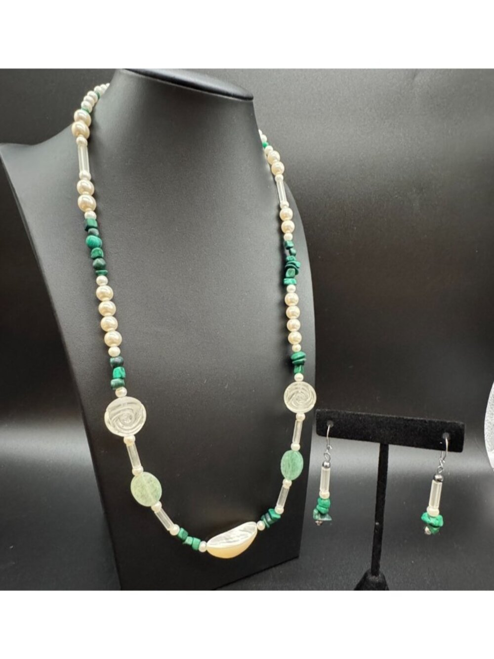 VTG Necklace & Pierced Earrings set Aventurine Malachite Pearl Glass Silver OOAK